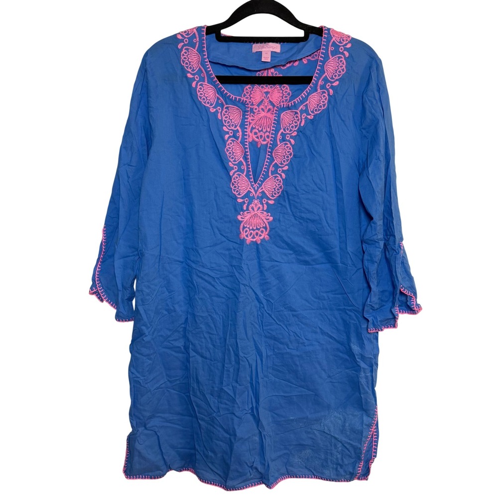 Lilly Pulitzer Piet Cover Up Tunic Sz Medium Blue Pink Embroidered Beach Dress